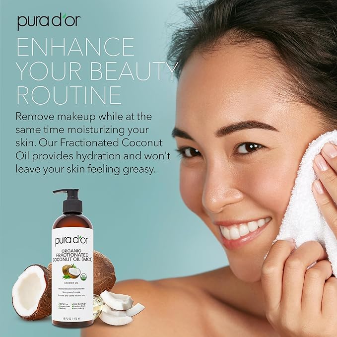 PURA D'OR ORGANIC Fractionated Coconut Oil MCT Oil (16 Oz) 100% Pure & Natural USDA Certified Cold Pressed - Unscented, Hexane Free Moisturizer For Face, Skin & Hair Tonic - Men & Women