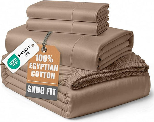 100% Egyptian Cotton Sheet Set Queen Size – Silky Sateen Weave Queen Sheet Set for Winter Sleep Comfort, 15" Snug Fit Deep Pocket, Breathable & Durable, Hotel-Quality Soft Luxury You Can Feel - Taupe
