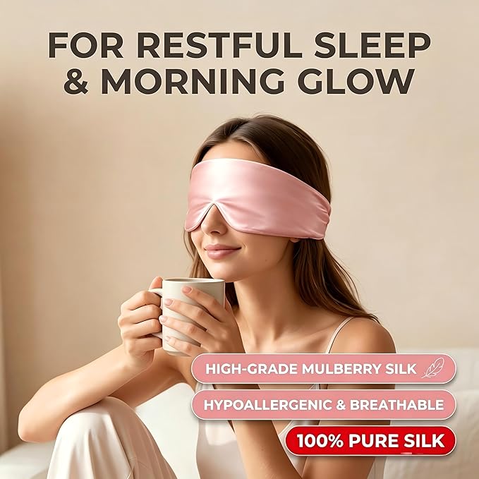 Silk Sleep Mask for Side Sleepers, Eye Mask for Sleeping Women Men, Face-Hugging Padded Eye Cover, 100% 22 Momme Pure Mulberry Silk, Soft Light Blocking Mask for Travel, Naps & Shift Workers (Pink)