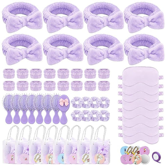 65 Pcs Sleepover Party Supplies for Women Include Spa Headband Sleep Eye Mask Pink Scrunchie with Coquette Bow Mirror Hair Comb Gift Bags for DIY Spa Sleepover Slumber Wedding Birthday Party Favors