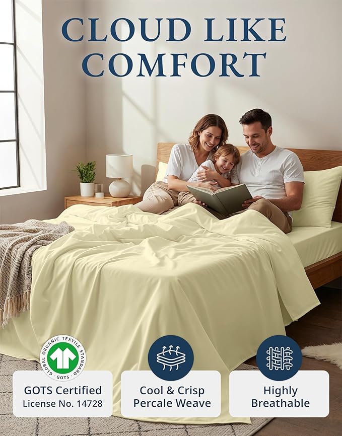 LANE LINEN 100% Organic Cotton Full Size Bed Sheets, Sustainably Produced Okeo Tex Certified Cotton Sheets Full, Luxury Hotel Percale Soft & Comfy Comes in Variety of Colors- Vanilla