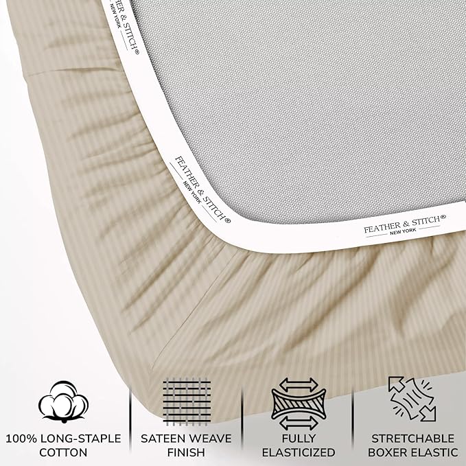Feather & Stitch 500 TC King Size Damask Bed Sheet Set, 100% Cotton Soft Breathable Bedsheets, 4 Piece 18" Deep Pockets Sateen Weave Striped Bedding Mattress Resort Hotel Luxury- (Beige Stripe)