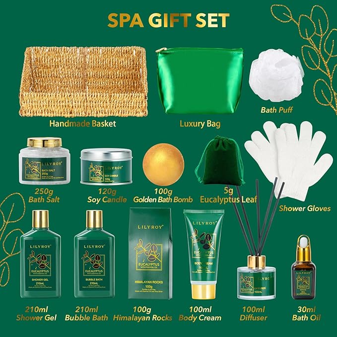 Mother's Day Gift Basket for Mom, Gifts for Women, Spa Gift Baskets for Women - 15-Piece Premium Eucalyptus Bath Gift Set for Men - Spa Kit, Gifts for Birthday, Valentines Day, Fathers Day, Christmas