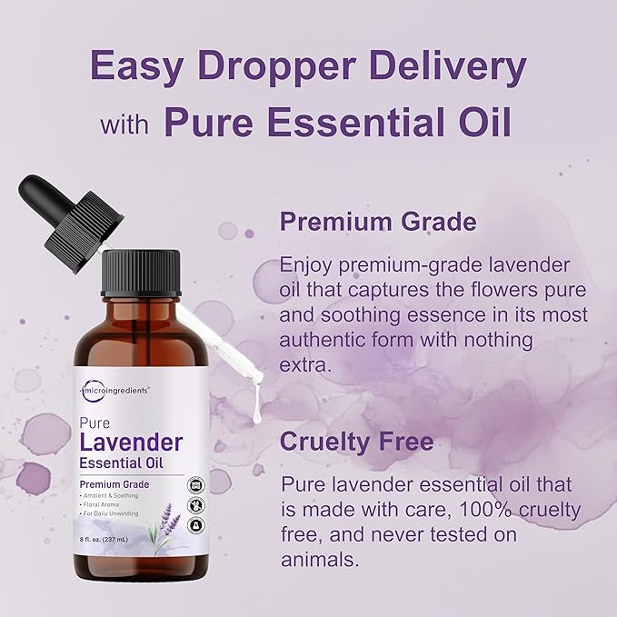 Micro Ingredients Pure Lavender Essential Oil, 8 fl oz | Premium Grade Liquid Drops | DIY for Natural Aromatherapy, Soap, Lotion, Diffuser, Candles, Body & Scalp Massages | Soothing Floral Aroma