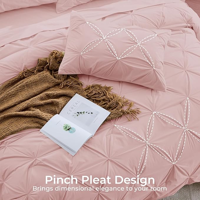 Sasttie Queen Comforter Set, 7-Piece Bed in a Bag, Pintuck Bedding Sets for All Season, Includes Comforter, Flat Sheet, Fitted Sheet, Pillowcases and Pillowshams, Rose Gold