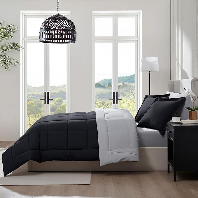 Nestl 9 Piece King Comforter Set – Black Reversible Bed in a Bag – Complete King Size Bedding Set with Sheets, Set of 2 Down Alternative Pillows, Pillowcases and Shams