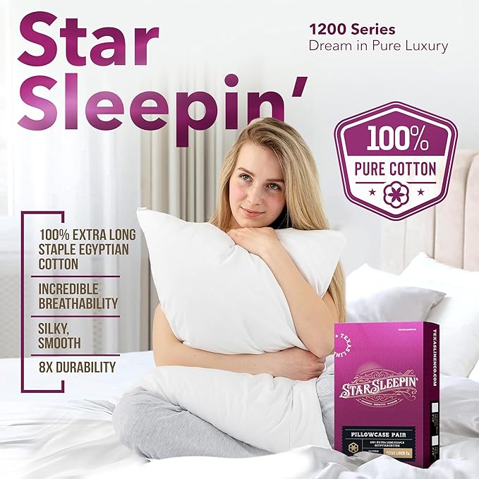 TEXAS LINEN CO. 100% Egyptian Cotton Pillow Cases Standard/Queen Size Set of 2 - Luxury 1200 Series Star Sleepin' Collection Pillow Cases (Light Blue), Cotton Pillowcases Fits Standard & Queen Pillows