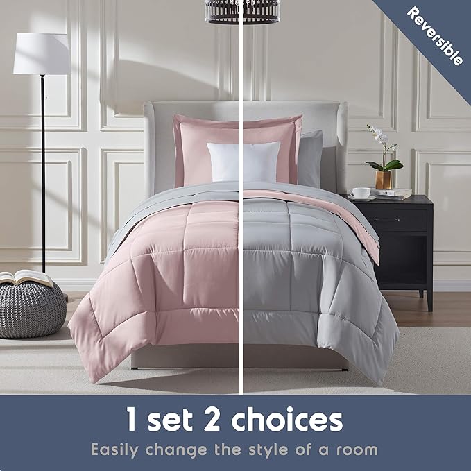 Nestl 7 Piece Twin XL Comforter Set – Blush Pink Reversible Bed in a Bag – Complete Twin XL Size Bedding Set with Sheets, Set of 2 Cooling Pillows, Pillowcase and Sham