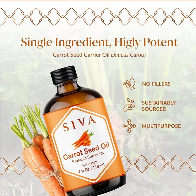 Siva Carrot Seed Oil 4oz (118ml) Premium Cold-Pressed 100% Natural Carrier Oil with Dropper for Face, Skin Care, Body Massage, Hair Care, Hair Oiling & Scalp Massage