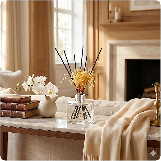 Reed Diffuser Set (6.7fl oz), Natural Darjeeling Tea Essential Oil Fragrance with Glass Bottle, Black Rattan Sticks & Preserved Flowers, Up to 120 Days Lasting Fragrance for Home & Office