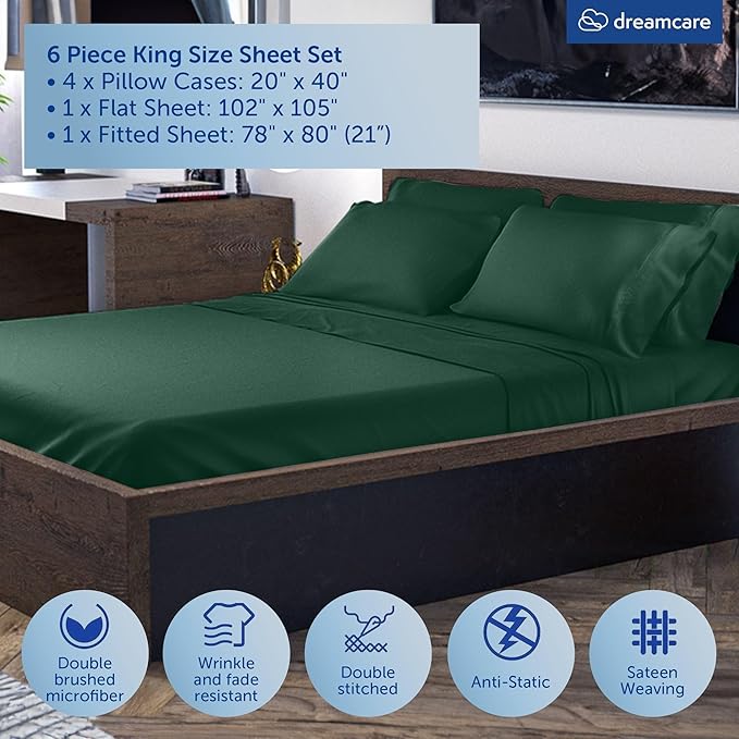 DREAMCARE King Size Sheets Set - 6 pcs Breathable Cooling Bed Sheets - up to 21" Extra Deep Pocket King Sheet Set with Side Pockets Extra Soft 100% Brushed Hypoallergenic Hotel Luxury Bedding -E Green