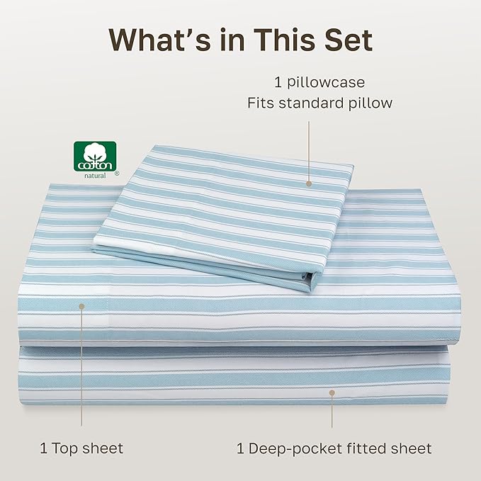 California Design Den Soft 100% Cotton Sheets Twin XL Size Set, 400 Thread Count Good Housekeeping Award Winner, Smooth Sateen Finish, Cozy and Durable Cotton Bedding Set - Cape Stripe Blue