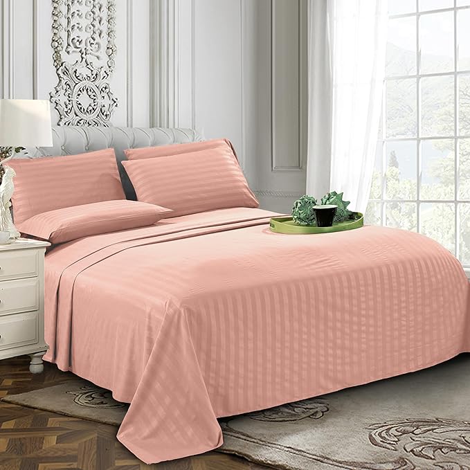 Elegant Comfort Softest and Coziest 6-Piece Sheet Set - 1500 Premium Hotel Quality Microfiber - Deep Pocket, Wrinkle Resistant 6-Piece Damask Stripe Bed Sheet Set, Full, Dusty Rose