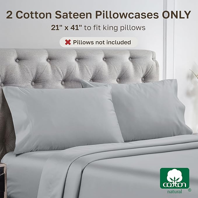 California Design Den Pillow Covers King Size Set of 2-1000 Thread Count Sateen, Soft and Thick 100% Cotton King Size Pillows Cases, Durable - Light Grey