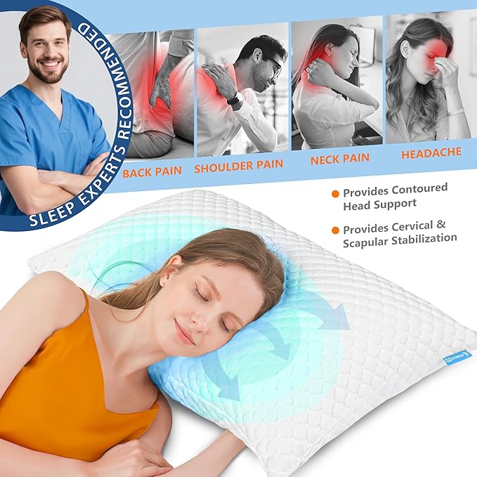 UYWO Cooling Pillows Standard Size Set of 2, Memory Foam Pillows with Zipper, Firm Bed Pillows Adjustable for Hot Side Back Stomach Sleepers