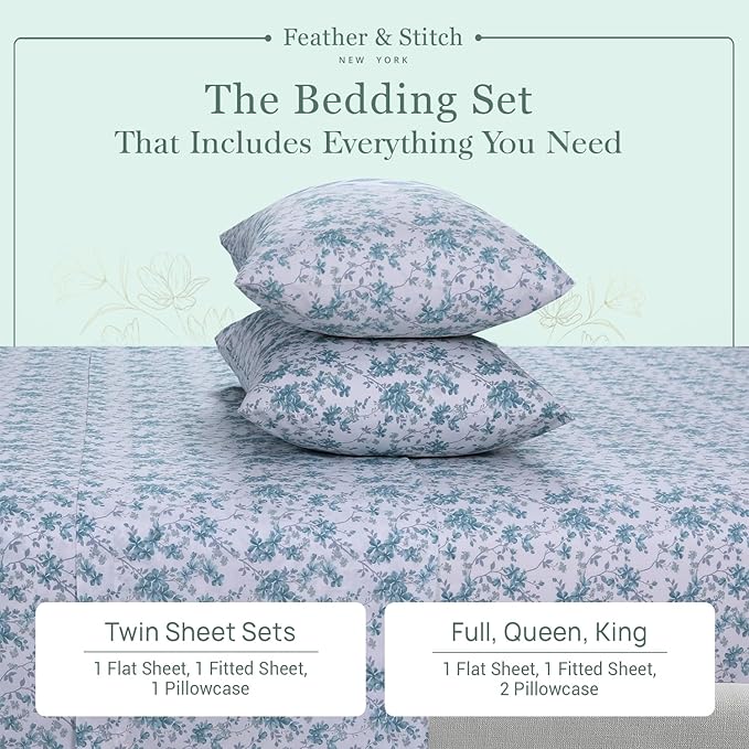 Feather & Stitch Softest 100% Cotton Sheets, 300 Thread Count Percale Weave Bedding, 16" Deep Pocket, Cooling Sheets, Breathable Bed Set, Hotel Premium Quality (Full, Blue Floral)