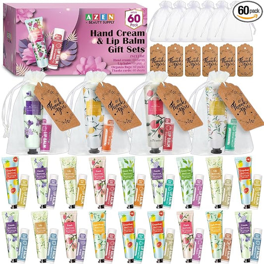 AZEN 60 Sets Bulk Gifts, Hand Cream and Lip Balm Bulk Set with Organza Bag Thank You Card, Baby Shower Wedding Gift for Guests, Bridal Wedding Favors for Guests, Mothers Day Gifts Stocking Stuffers