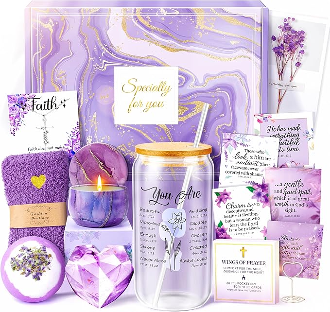 12PCS Christian Gifts For Women Faith - Inspirational Religious Birthday Gifts, Purple Spiritual Baptism Baskets For Mom, Grandma, Wife, Mothers, Friend, Sister,Catholic&Encouragement Birthday Gift