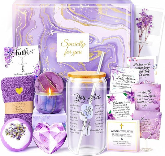 12PCS Christian Gifts For Women Faith - Inspirational Religious Birthday Gifts, Purple Spiritual Baptism Baskets For Mom, Grandma, Wife, Mothers, Friend, Sister,Catholic&Encouragement Birthday Gift