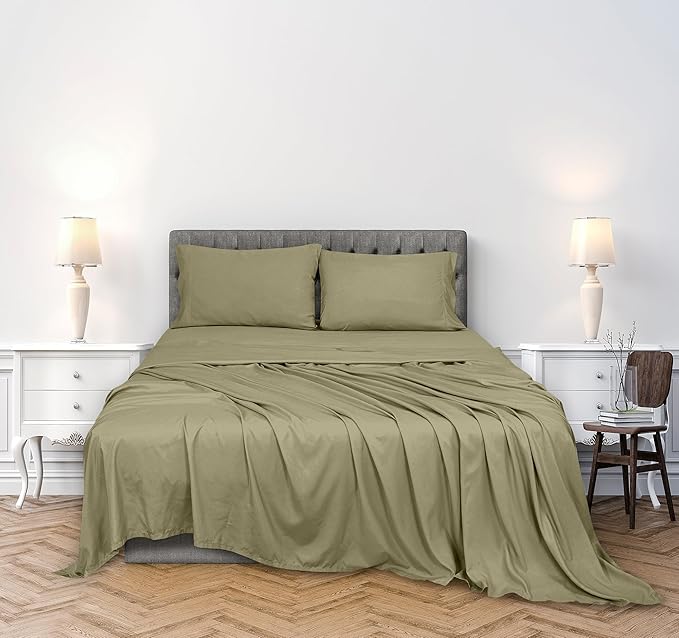 ROYALE LINENS 300 Thread Count 100% Long Staple Combed Cotton Sheet Set - 4 Piece King Bed Sheets - 1 Fitted, 1 Flat & 2 Pillow Cases - Soft Cool & Crisp Sheet Set (King, Sage Green)