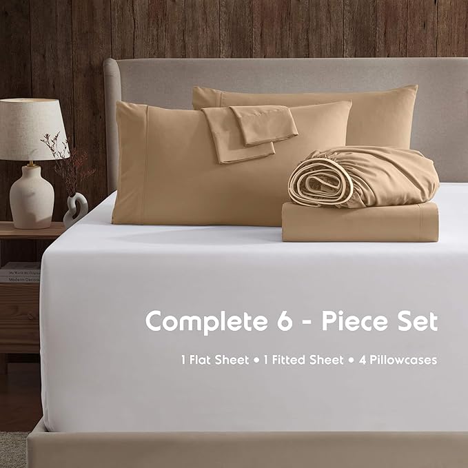 Nestl Extra Deep Cal King Sheet Set - 6 Piece Breathable & Cooling Sheets - Hotel Luxury Bedding Set w/18-24 Inch Deep Pockets - Easy & Secure Fit - Super Soft, Wrinkle Free & Comfy - Mocha Brown
