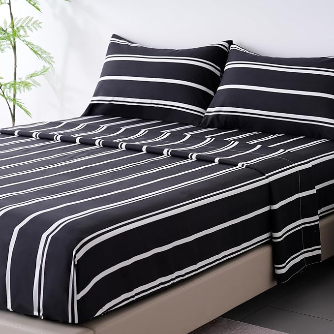 Best Season Stripe Bed Sheets Set,4 Piece Super Soft Microfiber Bedding-Deep Pocket,Ultra Soft,Fade & Wrinkle Resistant(Full Size,Black&White)