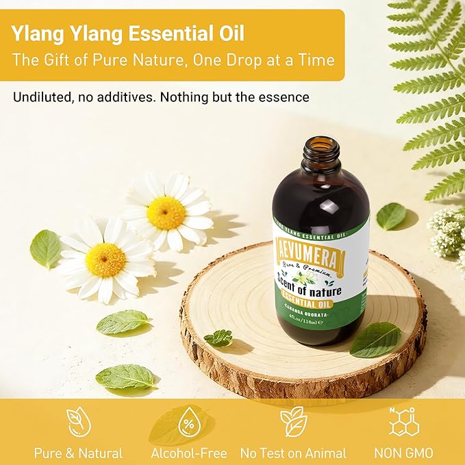 Ylang Ylang Essential Oil Natural and Undiluted Ylang Ylang Oil Premium Grade for Perfume Making, Aromatherapy, Diffuser, Skin, Body Massage, Home, DIY Candle & soap - 4fl.oz/118ML