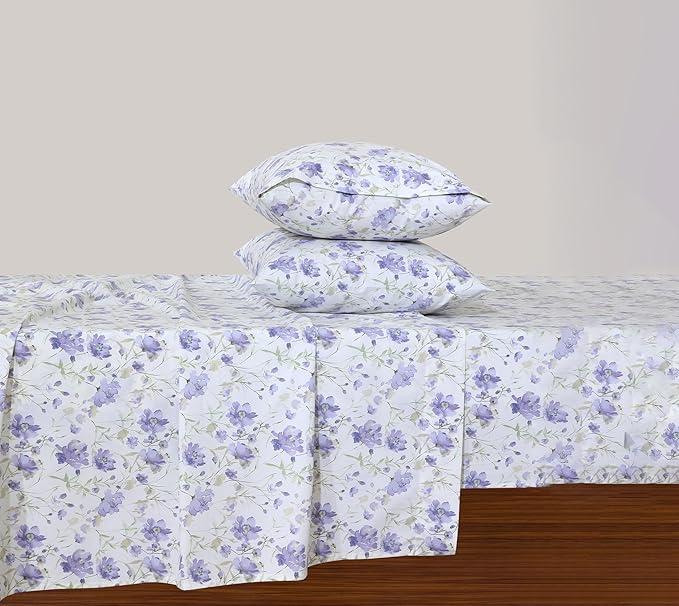 Feather & Stitch Softest 100% Cotton Sheets, 300 Thread Count Percale Weave Bedding, 16" Deep Pocket, Cooling Sheets, Breathable Bed Set, Hotel Premium Quality (Full, Violet Breeze)