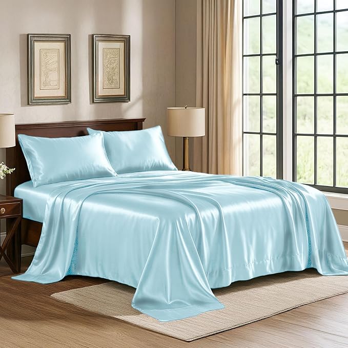 Satin Sheets Queen [4-Piece, Skyblue] Hotel Luxury Silky Bed Sheets - Extra Soft 1800 Microfiber Sheet Set, Wrinkle, Fade, Stain Resistant - Deep Pocket Fitted Sheet, Flat Sheet, Pillow Cases