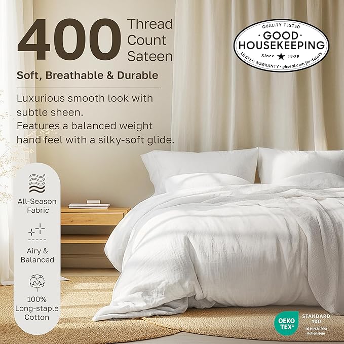 California Design Den Soft 100% Cotton Twin Sheet Set, 400 Thread Count Good Housekeeping Award Winner, Silky Smooth Sateen Weave, Breathable and Durable Cotton Bedding Set - Striped White
