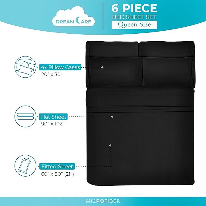DREAMCARE Queen Sheet Set - 6 pcs Breathable Cooling Bed Sheets - up to 21" Extra Deep Pocket Queen Sheets Set with Side Pockets - Extra Soft 100% Brushed Hypoallergenic Hotel Luxury Bedding - Black