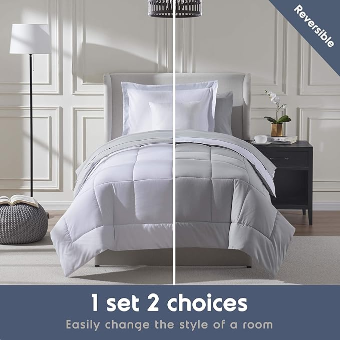 Nestl 7 Piece Twin XL Comforter Set – White Reversible Bed in a Bag – Complete Twin XL Size Bedding Set with Sheets, Set of 2 Down Alternative Pillows, Pillowcase and Sham