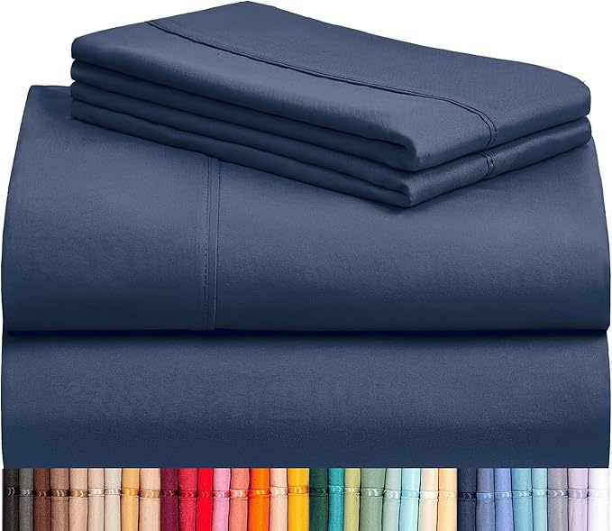 LuxClub 4 PC Queen Sheet Set, Breathable Luxury Bed Sheets, Deep Pockets 18" Wrinkle Free Cooling Sheets Machine Washable Hotel Bedding Silky Soft - Navy Queen