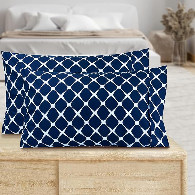 Elegant Comfort Luxury Ultra-Soft 2-Piece Pillowcase Set - 1500 Premium Hotel Quality Microfiber Double Brushed - Wrinkle Resistant, King Size, Bloomingdale Pattern Navy Blue