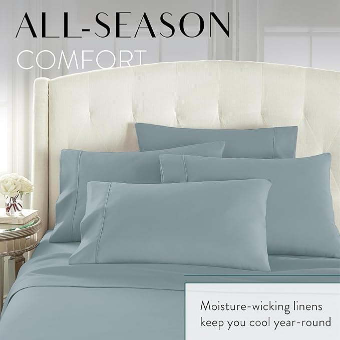 Danjor Linens Bed Sheet Set Queen Size for Hot Sleepers, Hotel Premium Sheets with 4 Pillowcases, Lightweight Brushed Microfiber Deep Pockets, Breathable Cooling 6 Piece Bedding Sets, Spa Blue