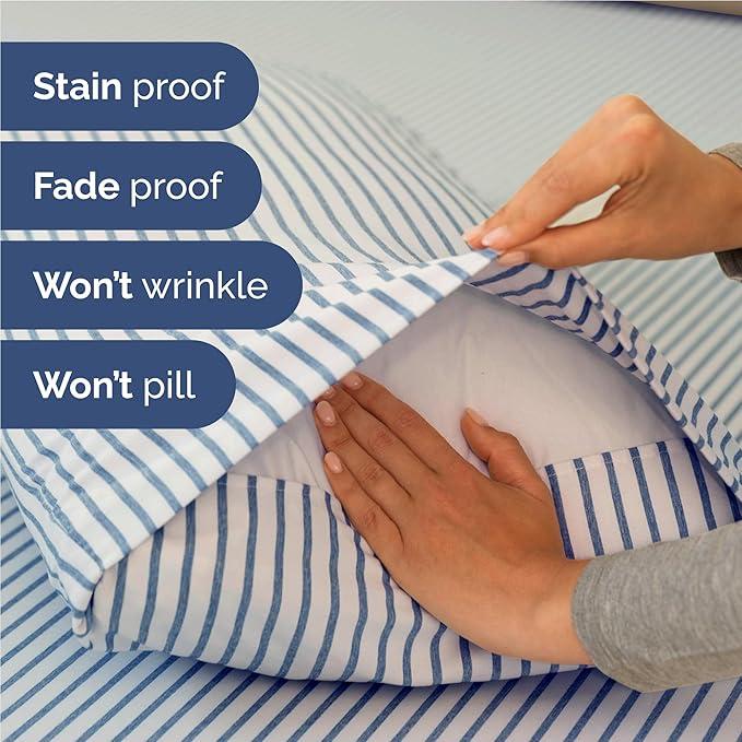 Full 6 Piece Sheet Set - Comfy, Breathable & Cooling - Soft Hotel Luxury Bedding for Women, Men, Kids, Teens and Children - 1 Flat & 1 Fitted Sheet & 4 Pillowcases with Deep Pockets - Blue Stripes 2