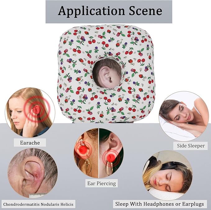 Ear Piercing Pillow for Side Sleepers, Pillow with an Ear Hole for CNH and Ear Pain Ear Inflammation Pressure Sores, O-Shaped Side Sleeping Pillow, Ear Guard Pillow (White Cherry)