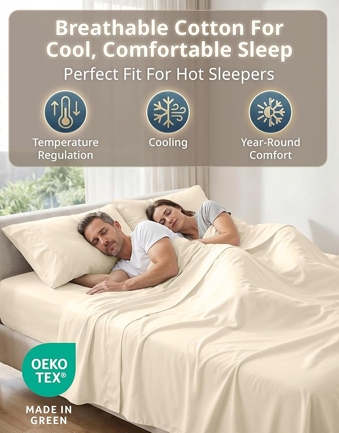 LANE LINEN Cal King Bed Sheets - 600 Thread Count Sateen Weave - Extra Thick & Comfy Cotton Sheets for Hotel Quality Softness - Securely Fits Mattress Upto 15'' Deep - Oeko Tex Certified - Ivory