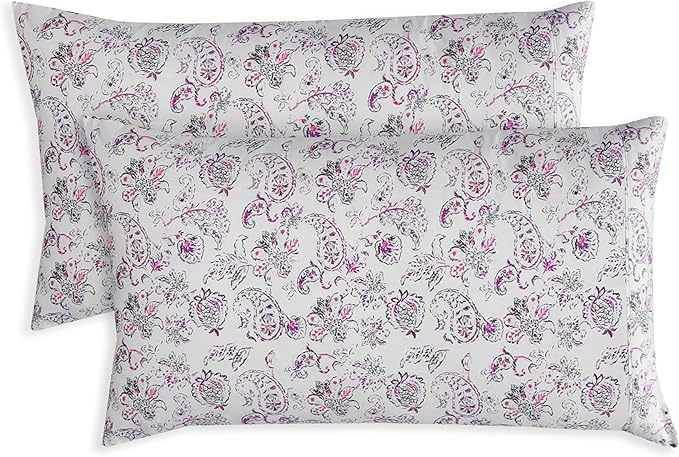 Elegant Comfort Ultra Soft Set of 2 Floral Print Pillowcases - 1500 Premium Hotel Quality Microfiber, Soft and Smooth Envelope Closure 2-Piece Pillow Covers - King, Paisley Purple