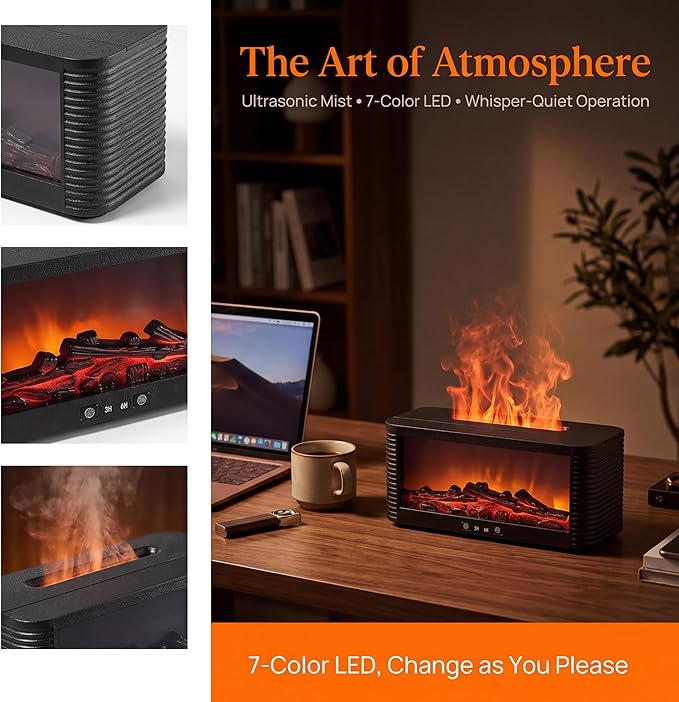 Flame Aroma Diffuser, 250ml Cool Mist Humidifier with Simulated Fireplace, 9 Color LED, 3H/6H Timer, Auto-Off, Black