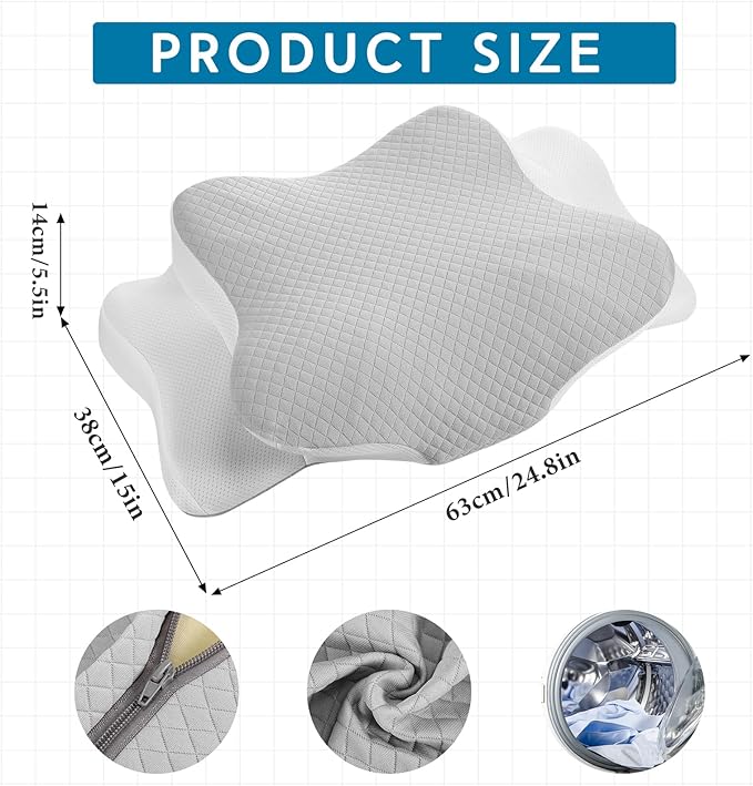 HunnmingRe Cervical Pillow Case Cover Comfortable and Breathable Memory Foam Cervical Neck Pillow Case Cover with Zipper(White, Light Gray,Queen Size)