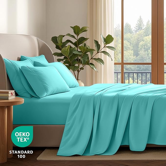 Bare Home Hotel Luxury Queen Sheet Set, Extra Soft - 6 Piece Set - Deep Pockets - Easy Fit - Cooling & Breathable - Wrinkle, Fade, Stain Resistant - Includes 4 Pillowcases (Queen, Turquoise)