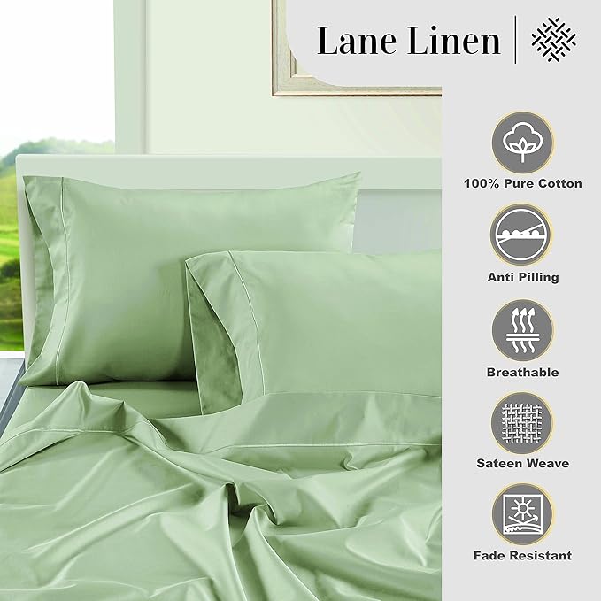 LANE LINEN Pillow Case Covers King Set of 2 100% Egyptian Cotton Sateen Soft Cool & Smooth Cases - Mineral