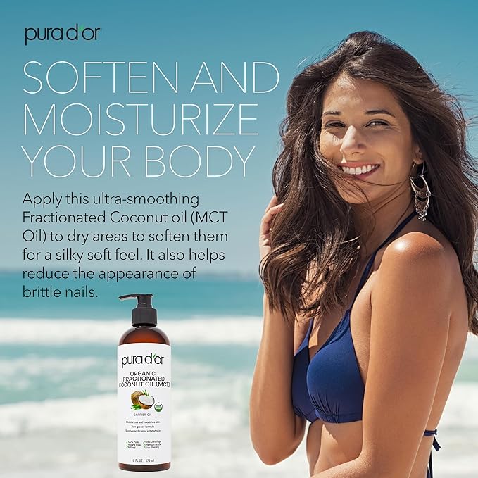 PURA D'OR ORGANIC Fractionated Coconut Oil MCT Oil (16 Oz) 100% Pure & Natural USDA Certified Cold Pressed - Unscented, Hexane Free Moisturizer For Face, Skin & Hair Tonic - Men & Women