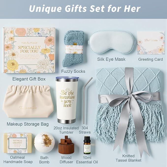 Mothers Day Birthday Gifts for Women, Get Well Gift Baskets for Women, Care Package Self Care Gift Box Thinking of You Inspirational Valentines Day Gift Set for her Wife Firends, Lake Blue