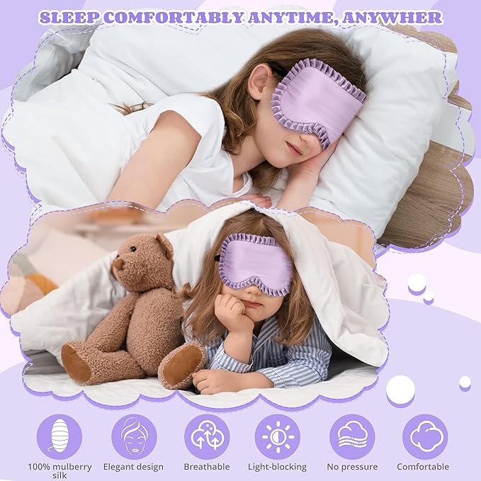 Kids Sleep Mask Eye Cover, 100% Real Mulberry Silk Sleep Mask with Adjustable Strap, Kids Blindfold for Sleeping, Boys Girls Eye Shade for Ages 5+, Soft and No Pressure (Purple)