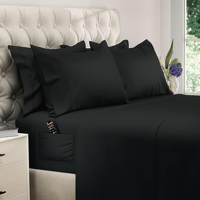 DREAMCARE Queen Sheet Set - 6 pcs Breathable Cooling Bed Sheets - up to 15" Deep Pocket Queen Sheets Set with Side Pockets - Extra Soft 100% Brushed Hypoallergenic Hotel Luxury Bedding - Black