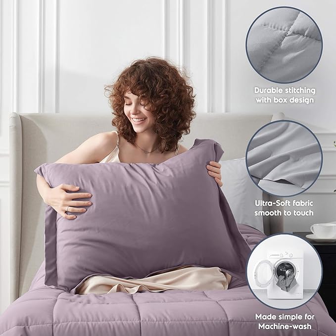 Nestl 7 Piece Twin XL Comforter Set – Dusty Purple Reversible Bed in a Bag – Complete Twin XL Size Bedding Set with Sheets, Set of 2 Down Alternative Pillows, Pillowcase and Sham