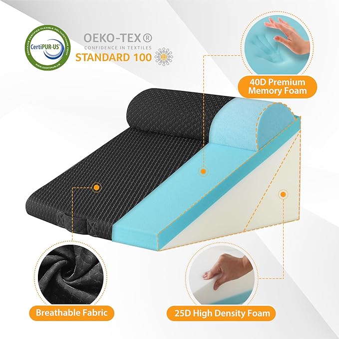 Ruqmuis 3PCS Wedge Pillow Set for After Surgery, Adjustable 9&12 Inch Bed Wedge Pillow for Sleeping, Incline Pillow Wedge for Headboard, Post Surgery, Acid Reflux, Neck&Back Support, Plush Black