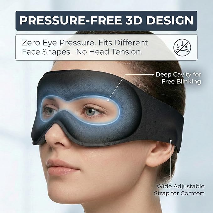 3D Sleep Mask for Men Women, 100% Blackout Contoured Eye Mask, Soft Memory Foam Blindfold with Adjustable Hook and Loop Strap, Pressure-Free Eye Cover for Side Sleeper, Travel & Yoga (Black)